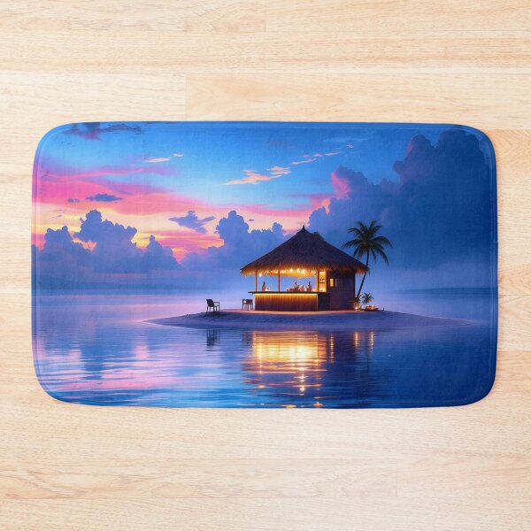 Item preview, Tropical Island Sunset Bar Art Print  Calm Ocean Paradise Aesthetic Wall Art designed and sold by DreamyWallVibes.