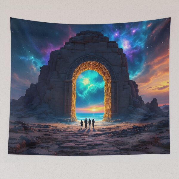 Item preview, Cosmic Portal Arch Sunset Art Print | Fantasy Galaxy Gateway Beach Wall Art designed and sold by DreamyWallVibes.