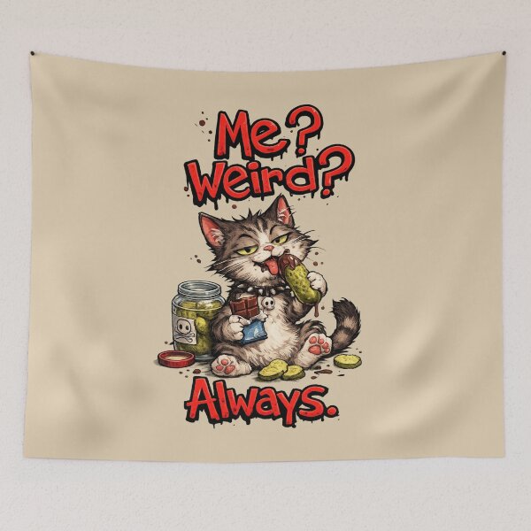 Item preview, Me Weird Always Cat Shirt – Funny Attitude Kitten Eating Pickles and Chocolate, Bold Funky Red Typography Design designed and sold by La Loca.