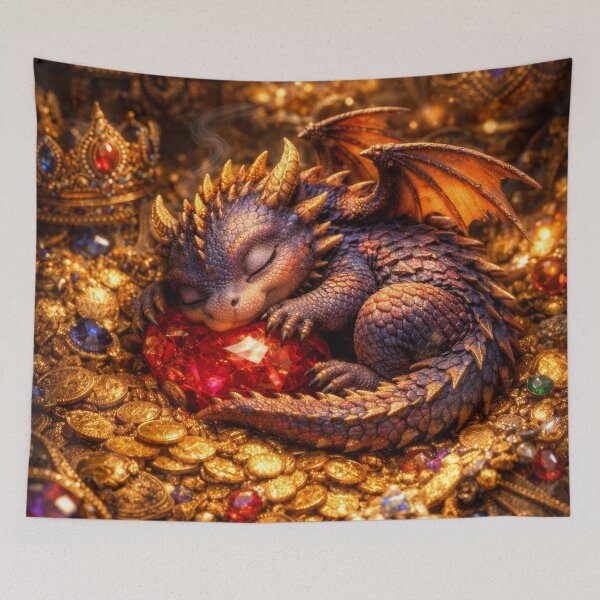 Item preview, Cute Baby Dragon Sleeping on Treasure – Adorable Dragon, Fantasy Creature, Gold Hoard, Magical Dragon Art, Cute Fantasy Illustration, Dragon Lover Gift designed and sold by DrakariArt.
