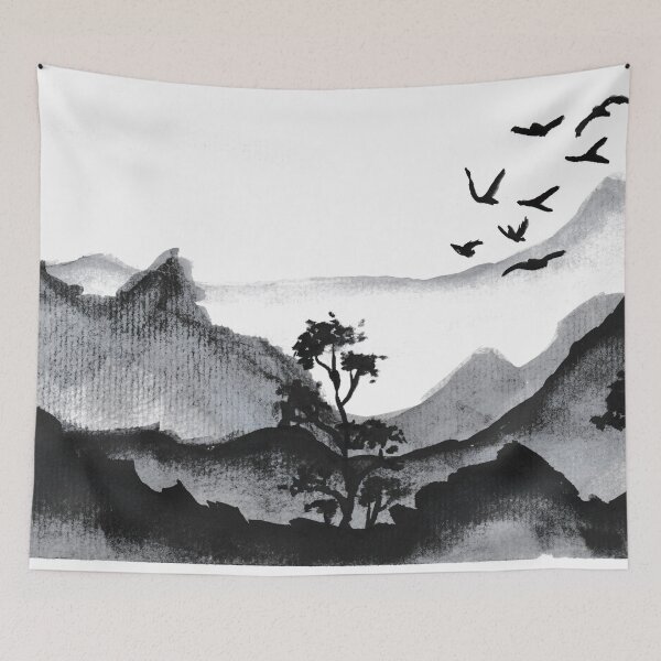Item preview, 007 Mountain Birds Tree - Monochrome Landscape designed and sold by FrenkyTank.
