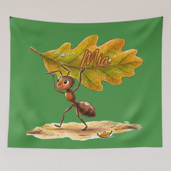 Item preview, Cute Ant Carrying Oak Leaf – Personalized Name Mia Watercolor Art designed and sold by MBBialyPiksel.