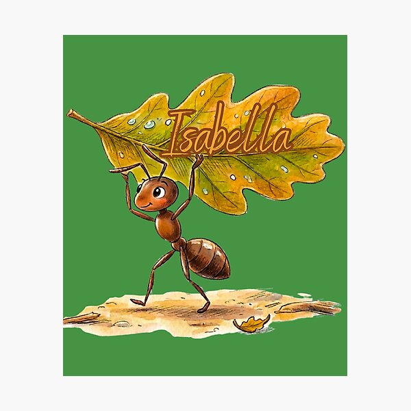Item preview, Cute Ant Carrying Oak Leaf – Personalized Name Isabella Watercolor Art designed and sold by MBBialyPiksel.