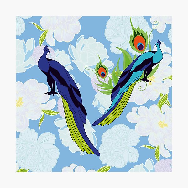 Item preview, Elegant peacocks & delicate flowers – Colorful floral illustration designed and sold by Herami.