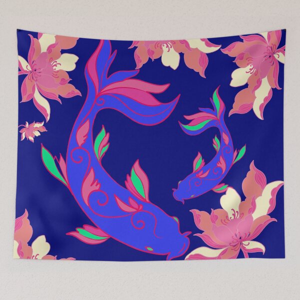 Aperçu de l'œuvre Carpes Koi Fleuries – Motif Japonais Onirique Bleu Nuit créée et vendue par Herami.