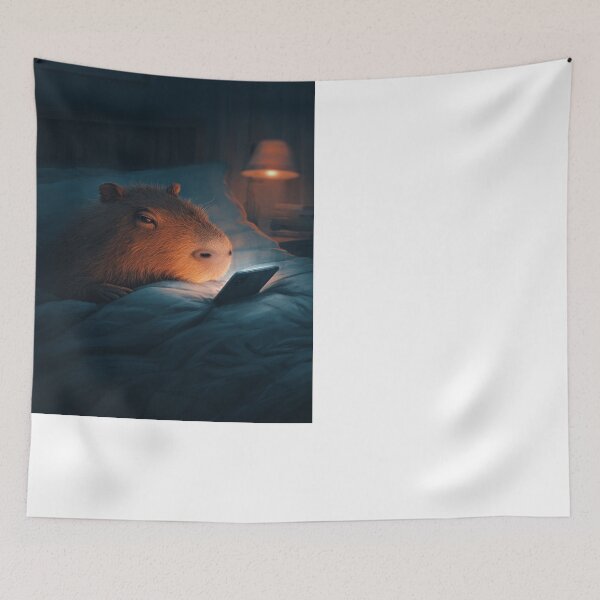 Item preview, Capybara Scrolling Phone in Bed Cozy Night designed and sold by NicolasGlowArt.