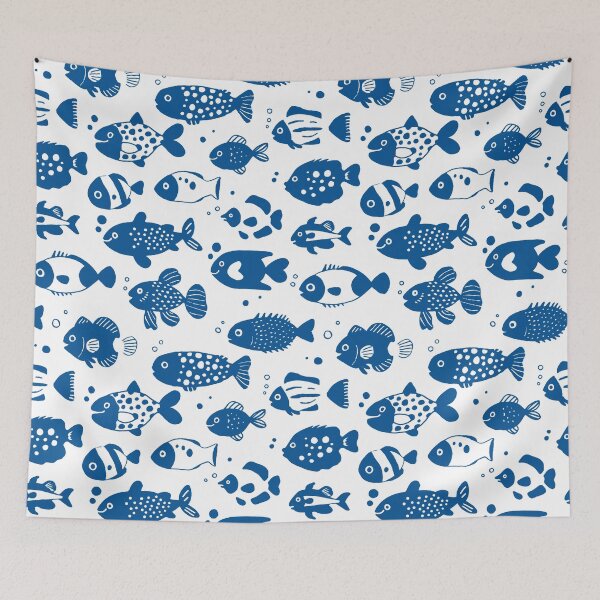 Item preview, Blue Fish Pattern Minimal Coastal Ocean designed and sold by trajeado14.