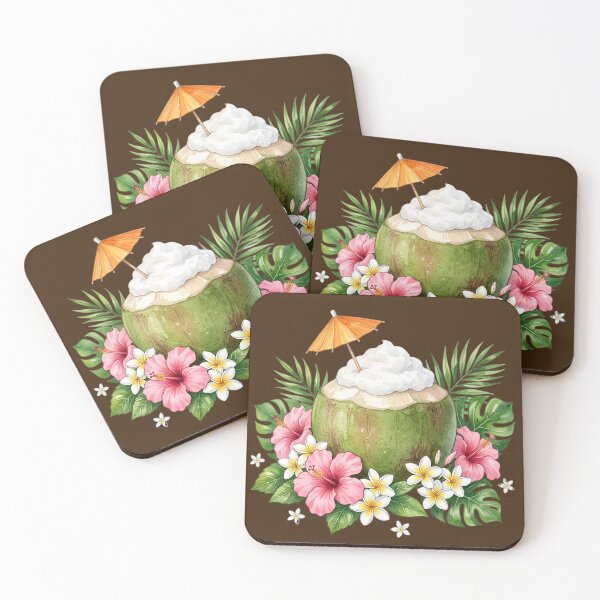Item preview, Tropical Coconut Drink with Hibiscus and Plumeria Flowers – Summer Island Paradise Art designed and sold by Estreluz.