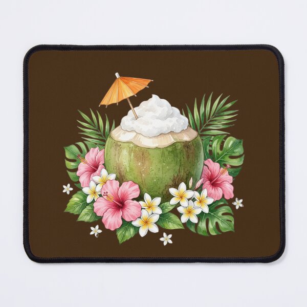 Item preview, Tropical Coconut Drink with Hibiscus and Plumeria Flowers – Summer Island Paradise Art designed and sold by Estreluz.