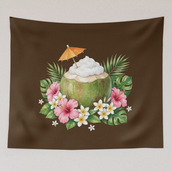 Item preview, Tropical Coconut Drink with Hibiscus and Plumeria Flowers – Summer Island Paradise Art designed and sold by Estreluz.