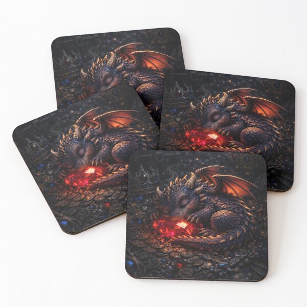 Aperçu de l'œuvre Bébé dragon mignon dormant sur une gemme rouge – Dragon de dark fantasy, dragon adorable, trésor caché, art gothique mignon, créature magique, illustration fantastique créée et vendue par DrakariArt.