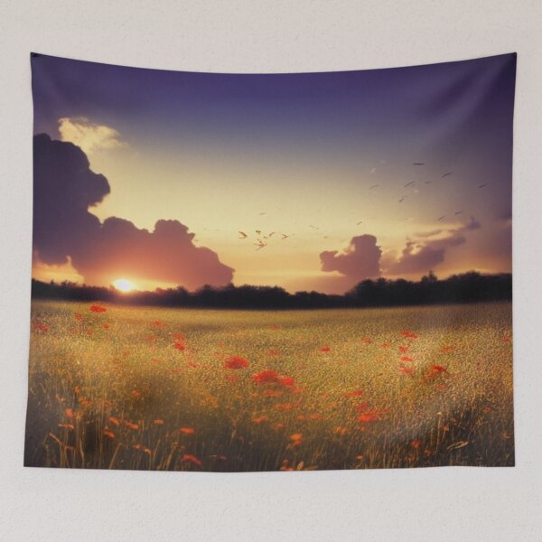 Item preview, Dramatic Sunset Meadow with Red Poppies and Birds – Atmospheric Nature Art by FotoworldEdel designed and sold by FotoworldEdel.