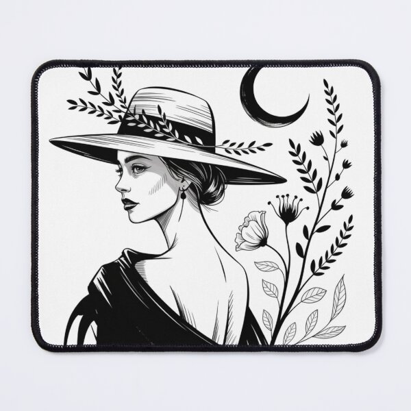 Item preview, Moonlit Poise – Elegant Woman in Wide Brim Hat with Botanical & Crescent Moon Ink Art designed and sold by  InkVeil.