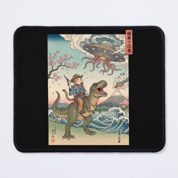 Item preview, Ukiyo‑e Cowboy Cat Riding a Dinosaur During a UFO Abduction 2 designed and sold by TheSamuraiCat.