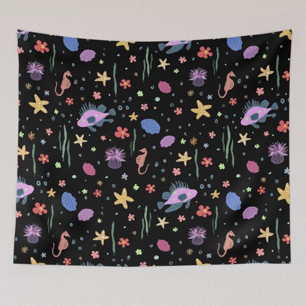 Item preview, Playful colourful underwater sea ocean life black designed and sold by Yana Mustafina | Boho Soulful Designs.