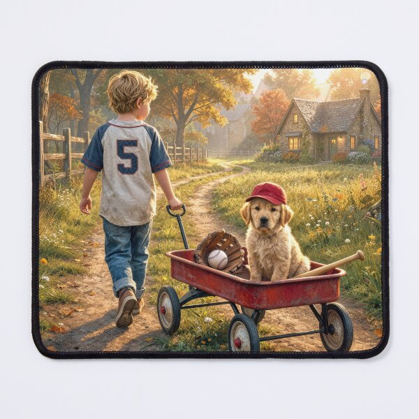 Item preview, Boy Pulling a Red Wagon with Puppy designed and sold by Maria Dryfhout.