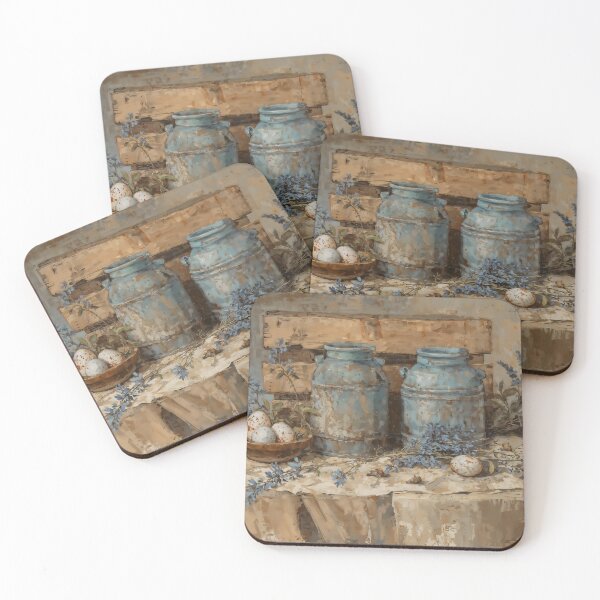 Item preview, Vintage Blue Milk Cans and Speckled Eggs Still Life Painting designed and sold by Sergey Sedunov.