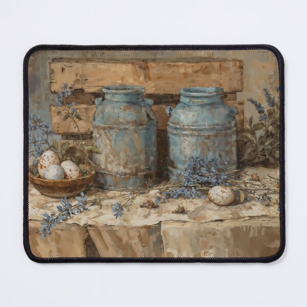 Item preview, Vintage Blue Milk Cans and Speckled Eggs Still Life Painting designed and sold by Sergey Sedunov.
