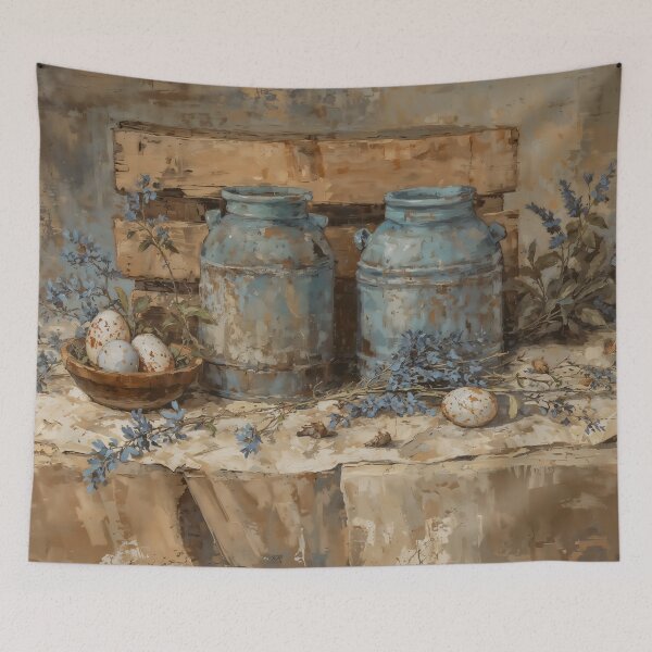 Item preview, Vintage Blue Milk Cans and Speckled Eggs Still Life Painting designed and sold by Sergey Sedunov.
