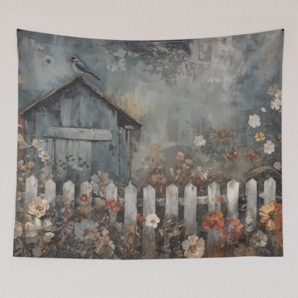 Item preview, Vintage Blue Birdhouse and Wildflower Garden Oil Painting designed and sold by Sergey Sedunov.