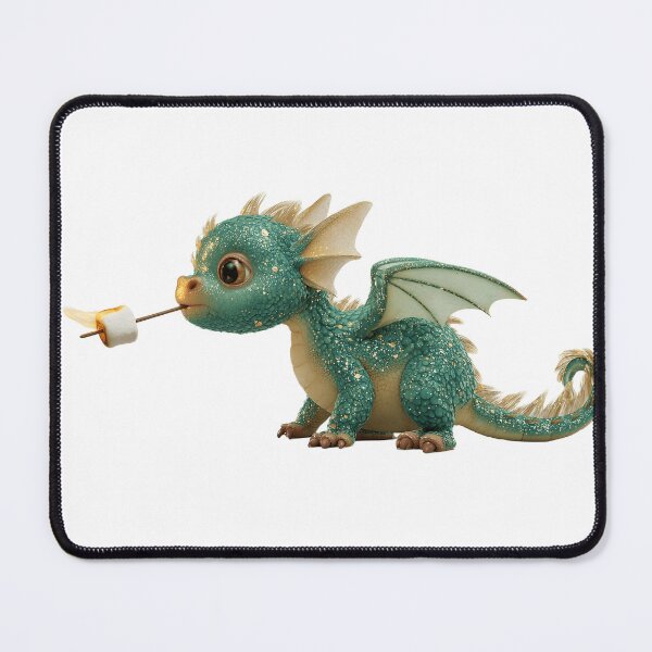 Item preview, Adorable Baby Teal Dragon with Gold Speckles Roasting a Marshmallow on a Stick designed and sold by Niageadon.