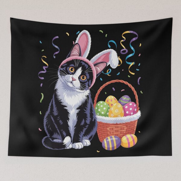 Item preview, Cute Tuxedo Cat Wearing Bunny Ears With Easter Eggs Basket Holiday Art designed and sold by RuperDelois.