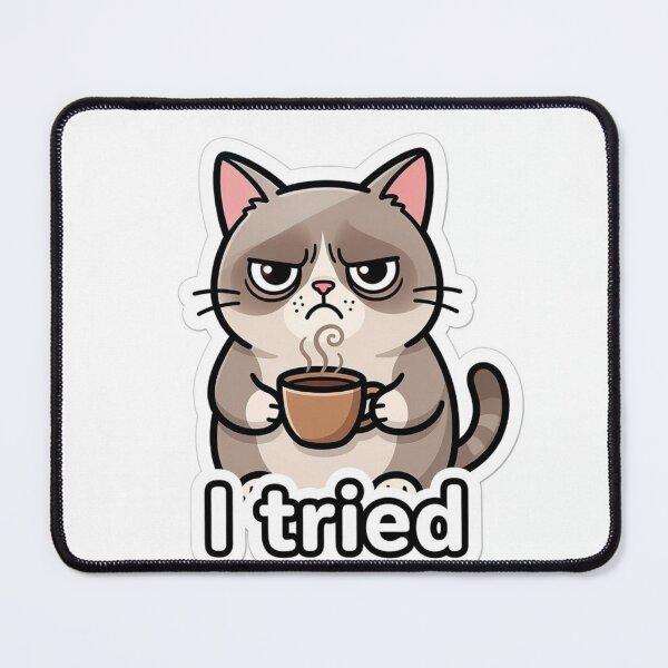 Item preview, Grumpy Cat with Coffee "I Tried" – Funny Sticker About Tiredness and Sarcasm designed and sold by ShowOwnCreate.