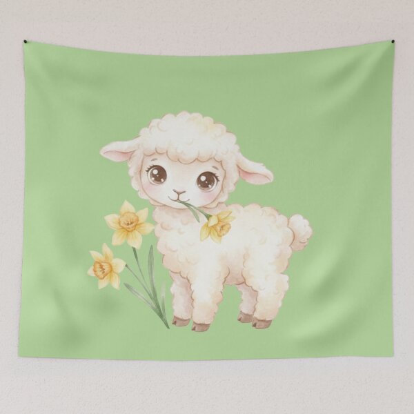 Item preview, Cute Pastel Lamb with Daffodils – Watercolor Easter Nursery Art designed and sold by EnlightArt.