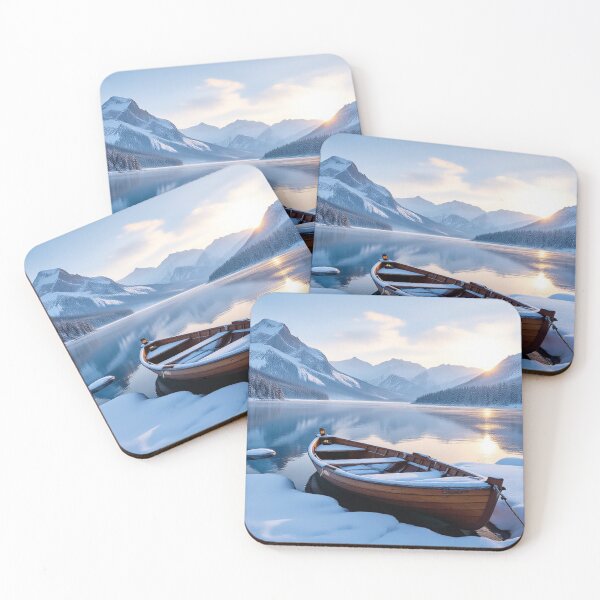Item preview, Snowy Mountain Lake at Sunrise with Wooden Rowboat designed and sold by BeautifulVirtues.