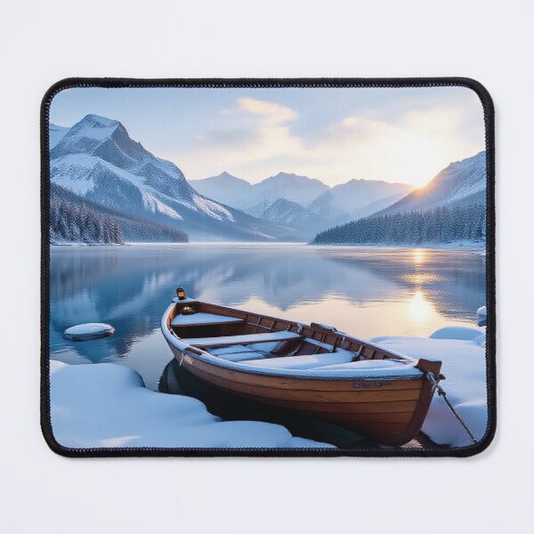 Item preview, Snowy Mountain Lake at Sunrise with Wooden Rowboat designed and sold by BeautifulVirtues.