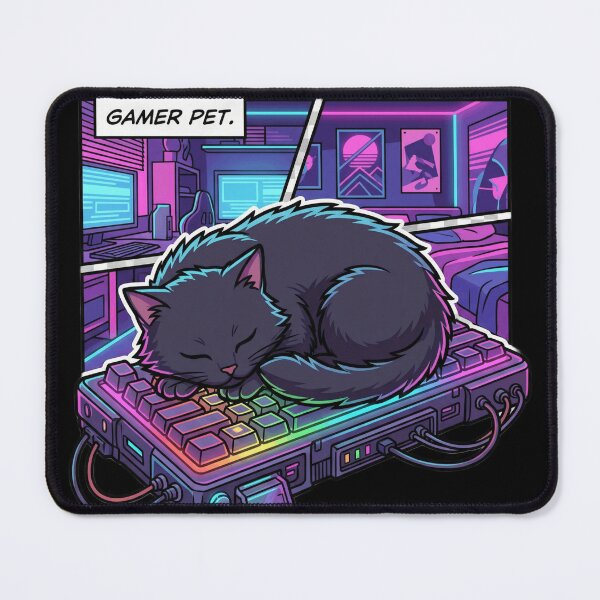 Item preview, Cyberpunk Hacker Cat Sleeping On RGB Gaming Keyboard designed and sold by Retro Mood Co.