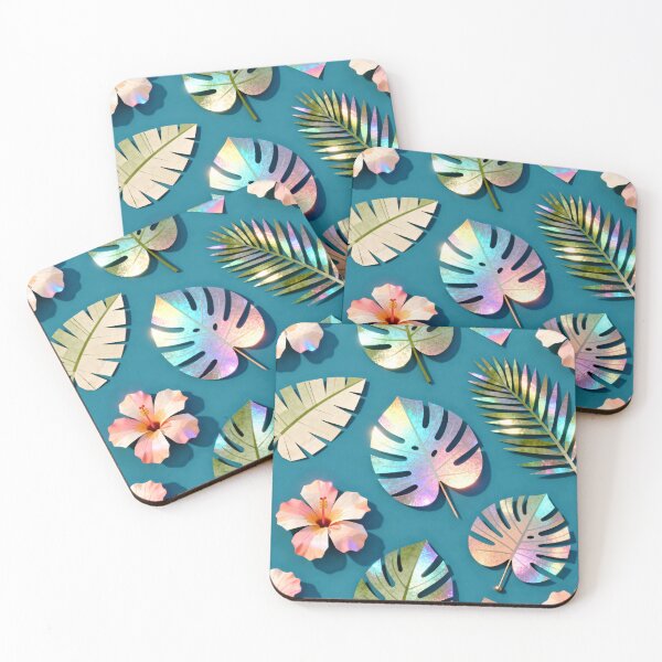 Item preview, A colorful arrangement of tropical leaves and flowers on a blue background designed and sold by Creative88Art.