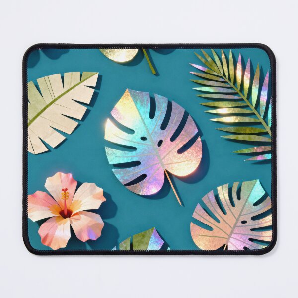 Item preview, A colorful arrangement of tropical leaves and flowers on a blue background designed and sold by Creative88Art.