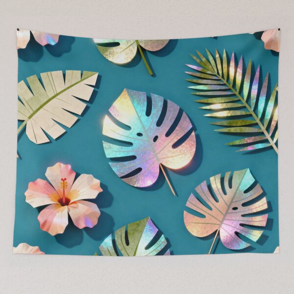 Item preview, A colorful arrangement of tropical leaves and flowers on a blue background designed and sold by Creative88Art.