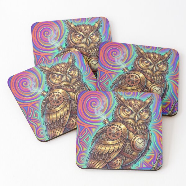 Item preview, Steam punk owl on psychedelic background designed and sold by The Timeless Inkwell.