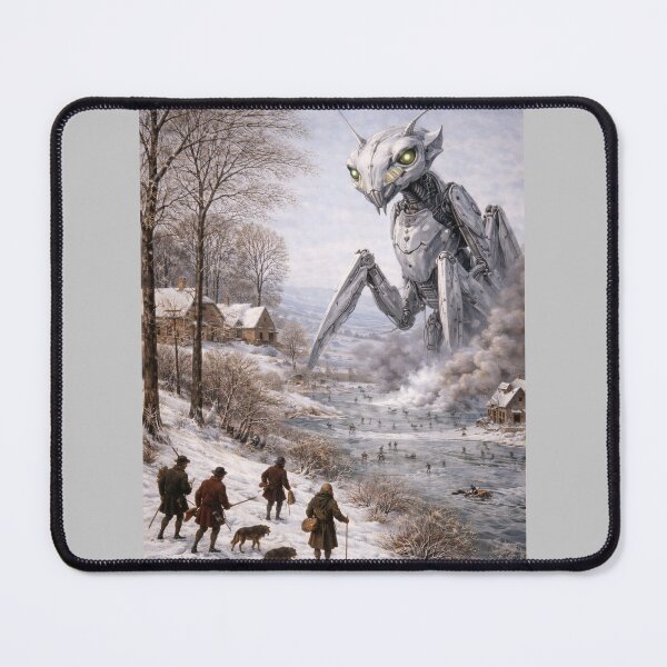 Item preview, Flemish Winter Meets Mantis Robot - Inspired by Pieter Bruegel’s (1525–1569) winter paintings, featuring a giant mantis robot who stands motionless, reconsidering its camouflage. designed and sold by TheArtsyFrogs.