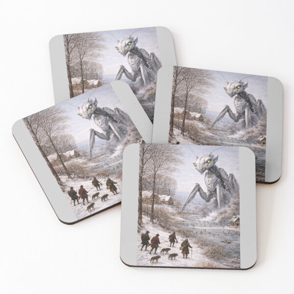 Item preview, Flemish Winter Meets Mantis Robot - Inspired by Pieter Bruegel’s (1525–1569) winter paintings, featuring a giant mantis robot who stands motionless, reconsidering its camouflage. designed and sold by TheArtsyFrogs.