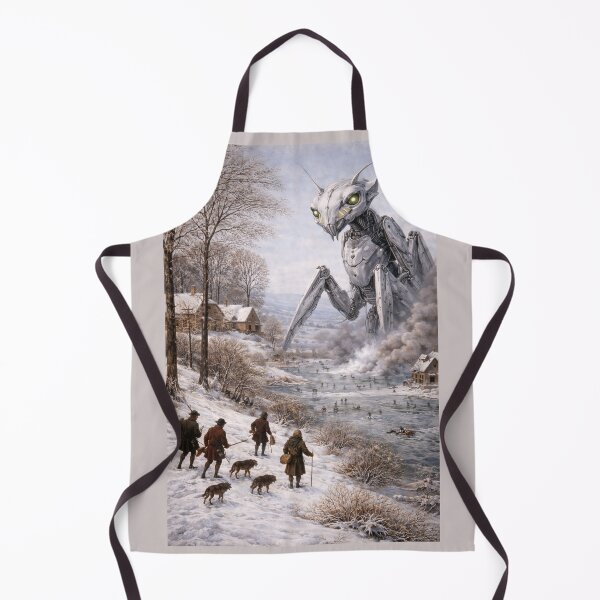 Item preview, Flemish Winter Meets Mantis Robot - Inspired by Pieter Bruegel’s (1525–1569) winter paintings, featuring a giant mantis robot who stands motionless, reconsidering its camouflage. designed and sold by TheArtsyFrogs.