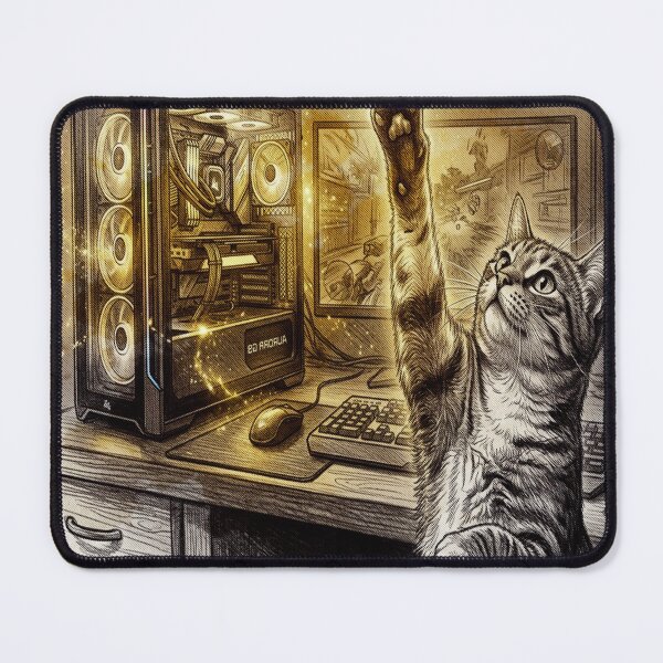 Item preview, Golden Engraving Style Gamer Cat Cyberpunk Art designed and sold by AmaWearDesign.