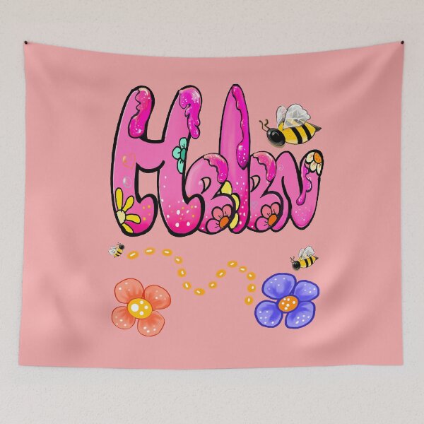 Item preview, Helen name in pink bubble text with flowers, honey bees and drips. Personalized Custom Gift for Girls and women designed and sold by Artonmytee.