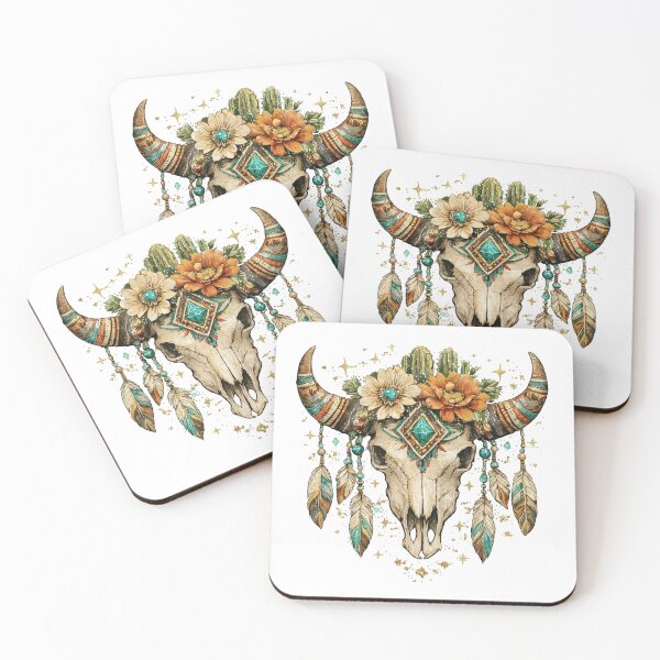 Item preview, Boho Cow Skull Floral Western Aesthetic Turquoise Desert Art designed and sold by Printslab.