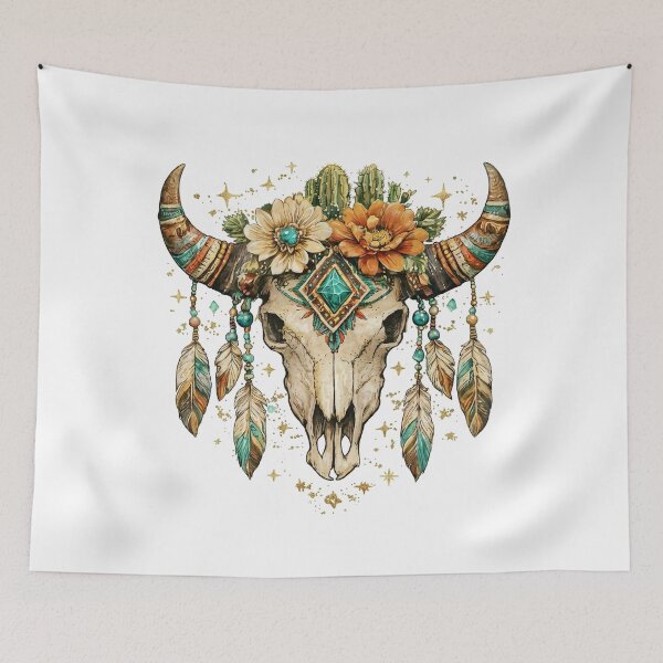 Item preview, Boho Cow Skull Floral Western Aesthetic Turquoise Desert Art designed and sold by Printslab.