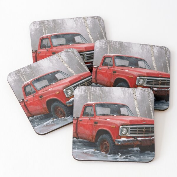 Item preview, Vintage Red Pickup Truck on Frozen Lake in Birch Forest Winter Scene designed and sold by Gabi.Media.