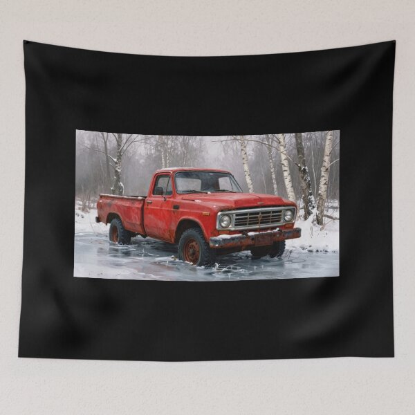 Item preview, Vintage Red Pickup Truck on Frozen Lake in Birch Forest Winter Scene designed and sold by Gabi.Media.