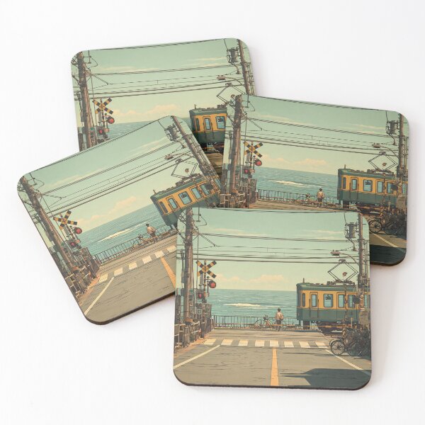 Item preview, Seaside Train Crossing in Japan | Calm Ocean View Minimal Illustration designed and sold by Pulipsori.