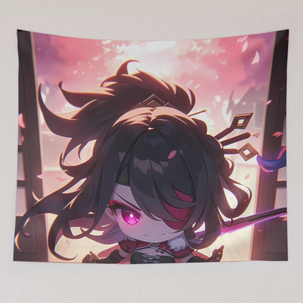 Item preview, Beidou Genshin Impact Chibi Samurai With Dramatic Light And Red Hair designed and sold by TanglenRabbit.