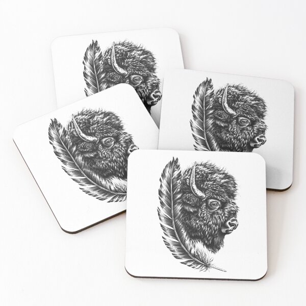 Item preview, Majestic Bison and Feather Black and White Tribal Wildlife Art designed and sold by inkoutninja.