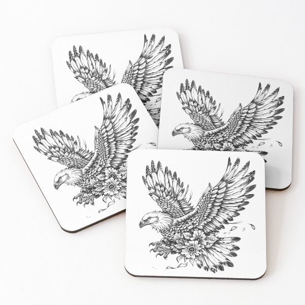 Item preview, Majestic Eagle with Flowers Black and White Wildlife Art designed and sold by inkoutninja.