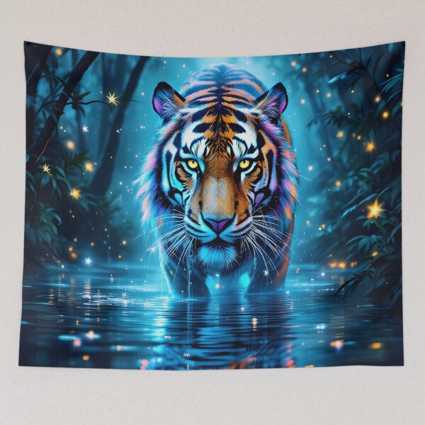 Item preview, Neon Tiger in Mystic Jungle Water Fantasy Art designed and sold by DreamyWallVibes.