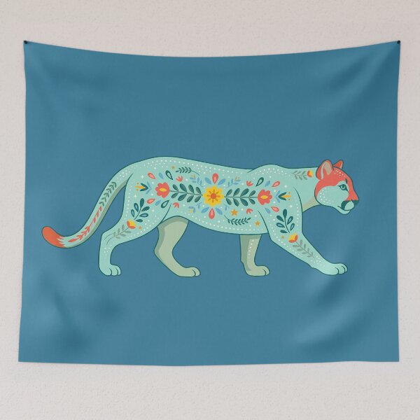 Item preview, Prowling Floral Folk Art Mountain Lion – Scandinavian Folk Art by heidiannemorris © designed and sold by FOLK ART FUSION by heidiannemorris.